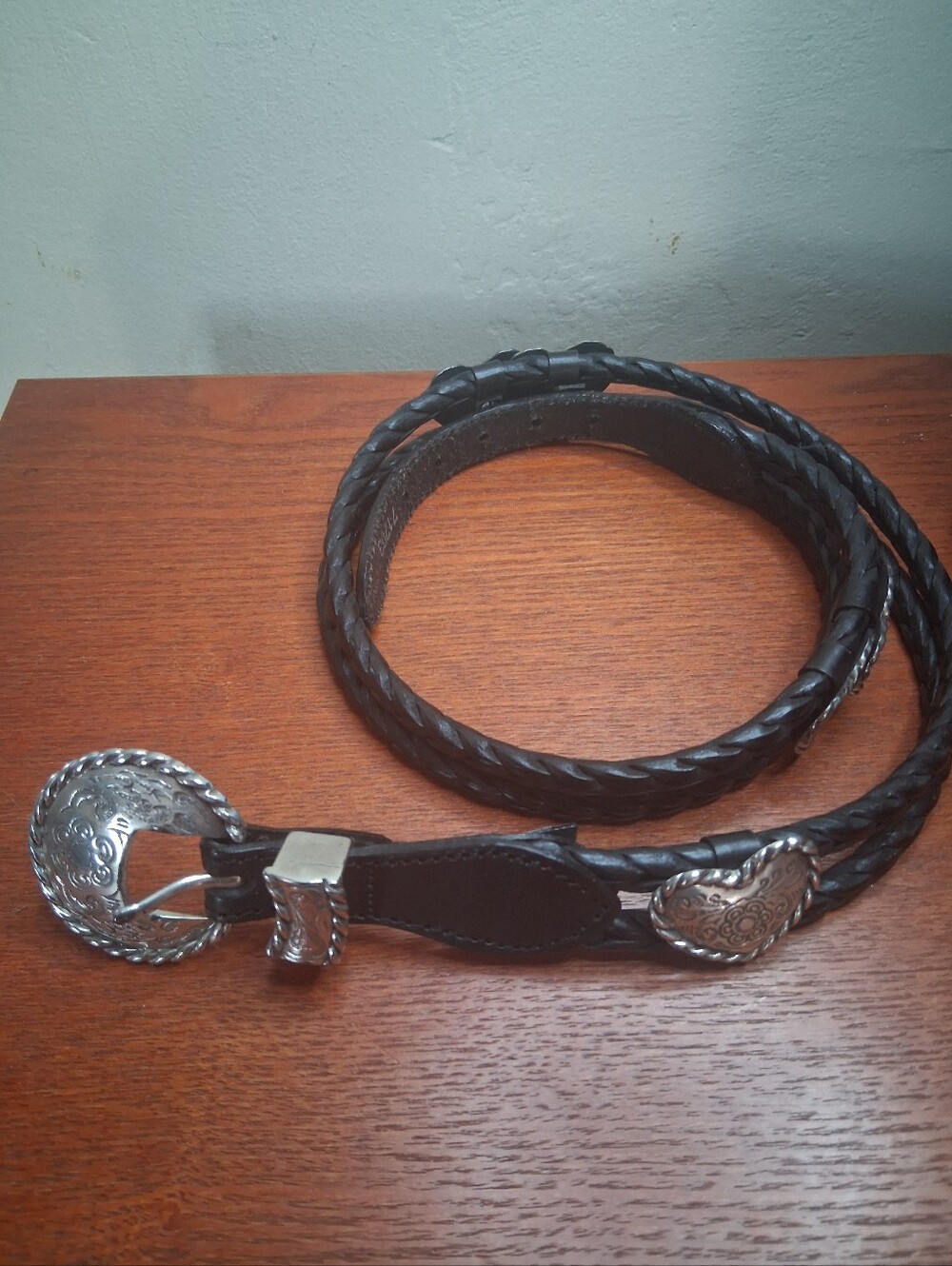 Brighton Braided Leather Belt with Silver-Tone Western Buckle and Heart Accents